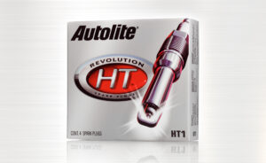 Autolite HT spark plug packaging on a light stainless steel background