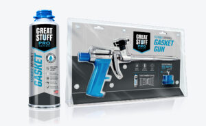 Great Stuff Pro Flexible Drywall Gasket Gun Blister packaging & Great Stuff Pro Flexible Drywall Gasket can packaging