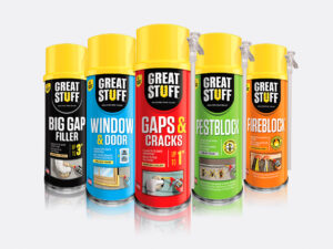 Great Stuff Gaps & Cracks, Great Stuff Window & Door, Great Stuff Pestblock, Great Stuff Big Gap Filler and Great Stuff Fireblock can packaging on a light background