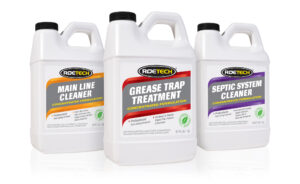 RoeTech Grease Trap Treatment Concentrated Formula, RoeTech Main Line Cleaner Concentrated Formula and RoeTech Main Line Cleaner Concentrated Formula packaging bottles