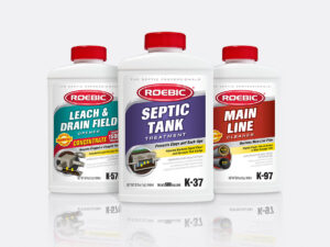 Roebic Septic Tank Treatment, Roebic Leach & Drain Field Opener and Roebic Main Line Cleaner packaging bottles