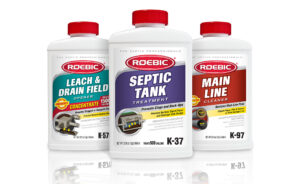 Roebic Septic Tank Treatment, Roebic Leach & Drain Field Opener and Roebic Main Line Cleaner packaging bottles