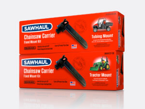 Gearhaul, Sawhaul Chainsaw Carrier Tube Mount & Sawhaul Tractor Mount packages on dark tree bark background